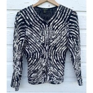 Cartise Full Zip Jacket Top Evening Wearable Art Black Ribbon Sheer Stretch Sz 6